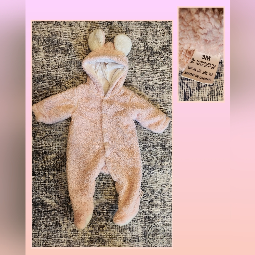 3M Pink with Ears Snowsuit Snow Pants Bodysuit Outerwear Infant Baby Clothes $15